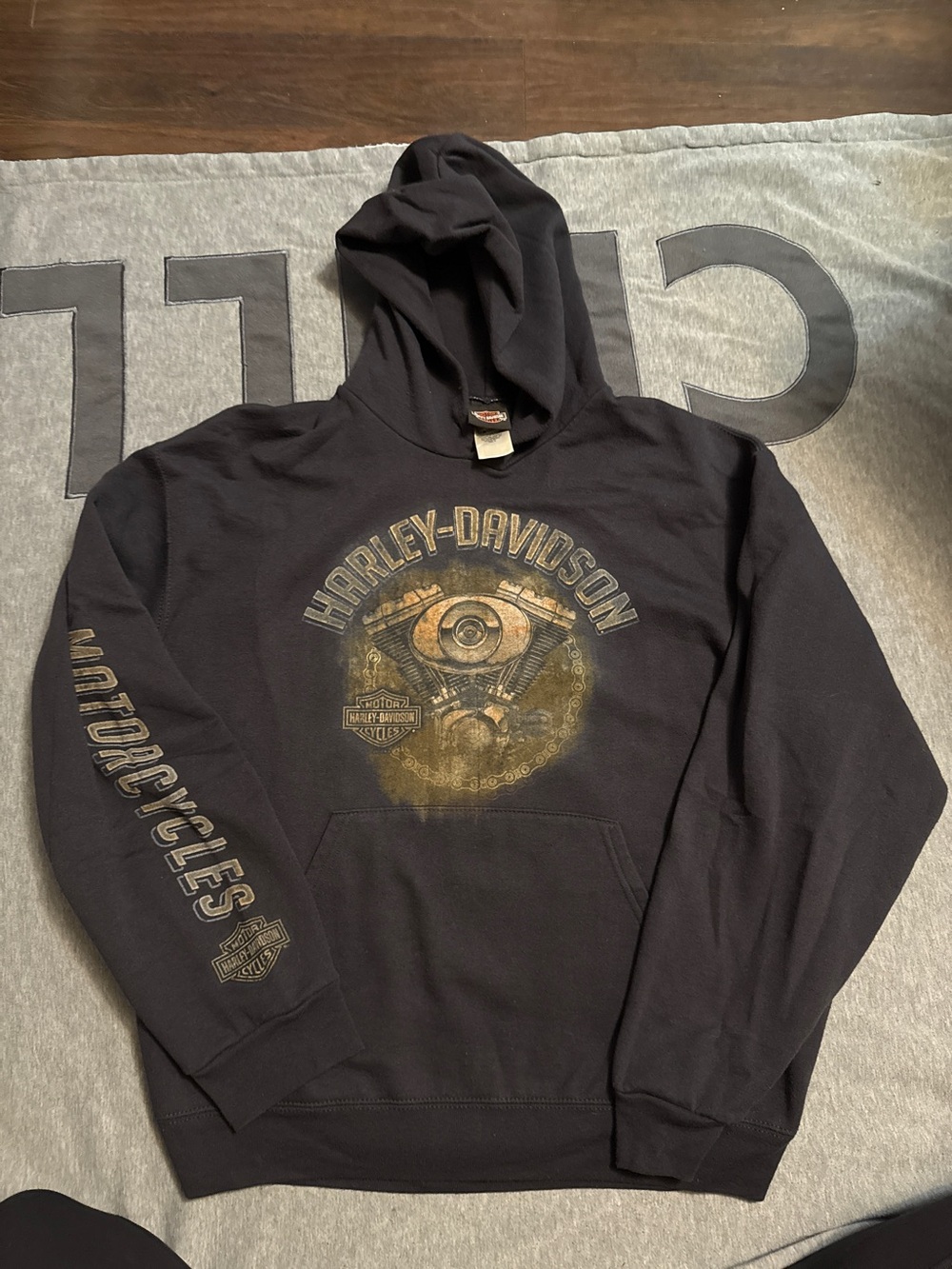 Harley-Davidson Black Pullover Hoodie with Gold Engine Graphic